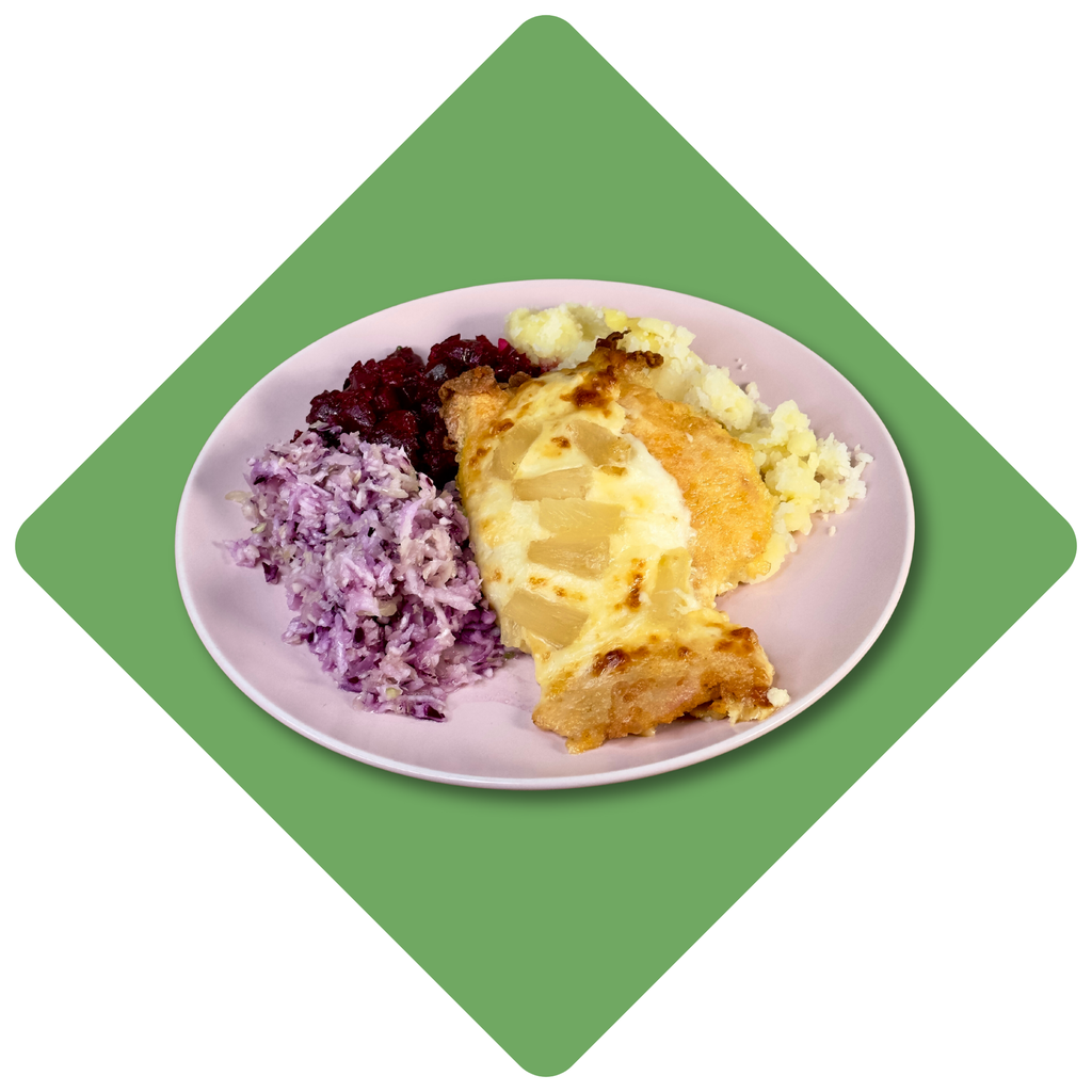 Užkeptas vištienos kepsnys su ananasais ir mocarela sūriu 