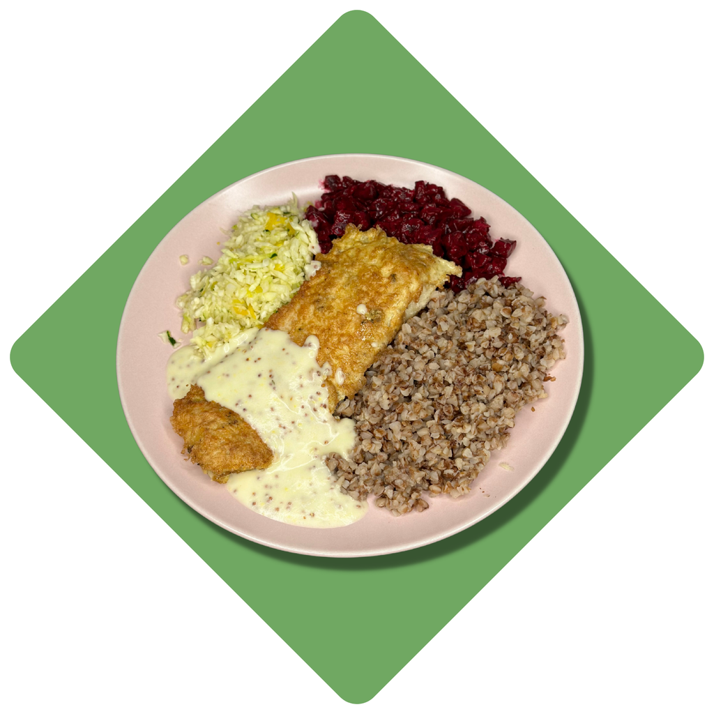 Jūros lydekos kepsnys su garstyčių padažu ir keptomis daržovėmis