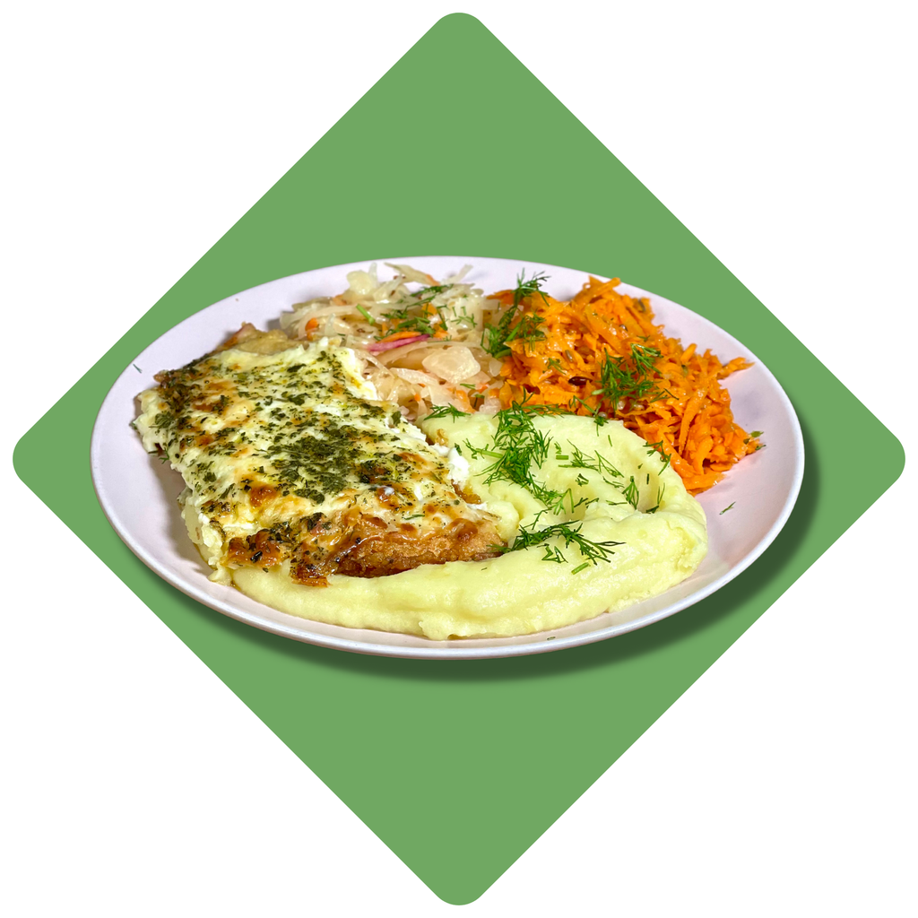 Kiaulienos kepsnys užkeptas pomidorais ir mocarela sūriu gardintas baziliku