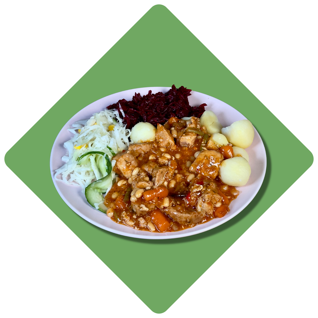 Kiaulienos troškinys su pupelėmis pomidorų padaže