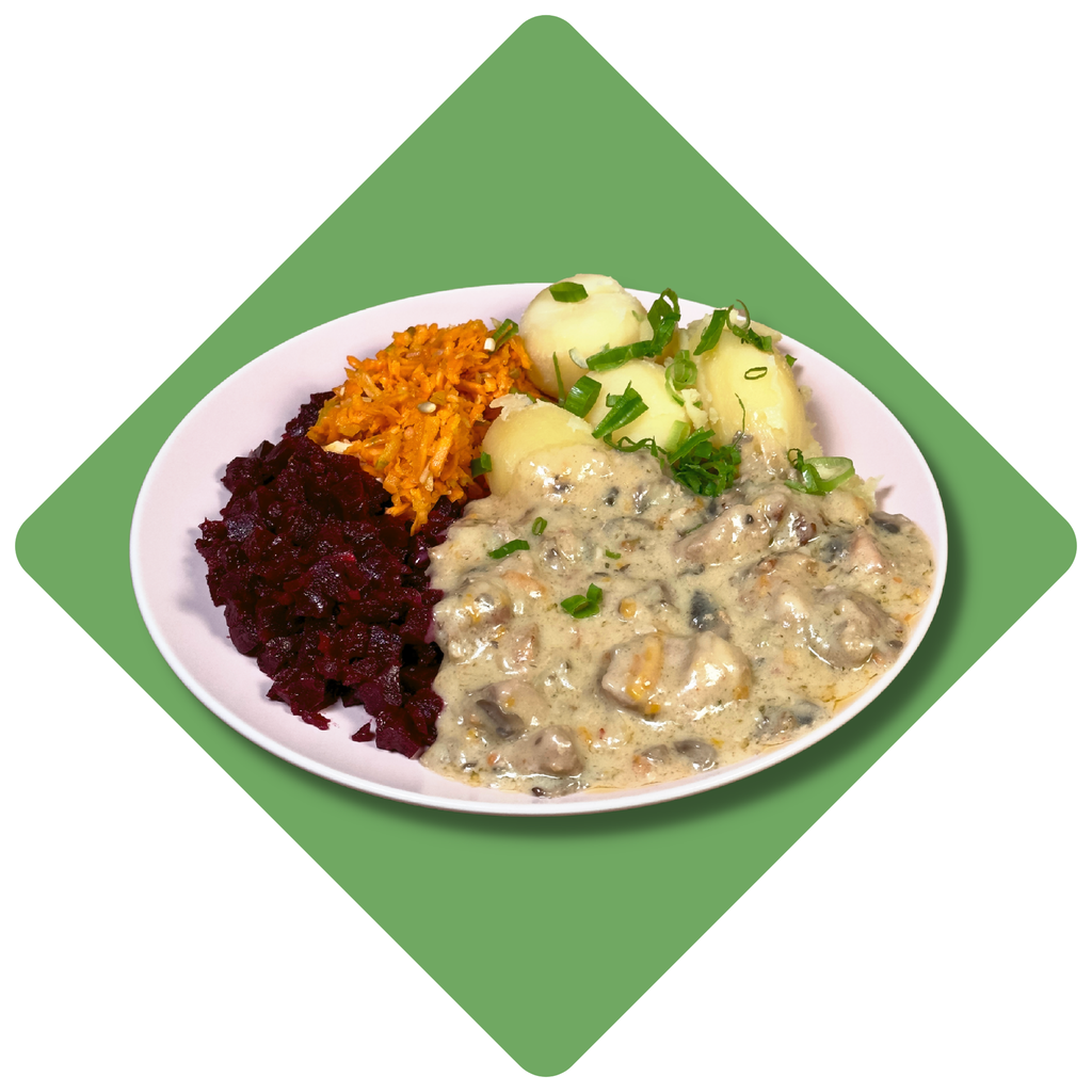 Kiaulienos troškinys su pievagrybiais ir tradiciniu padažu