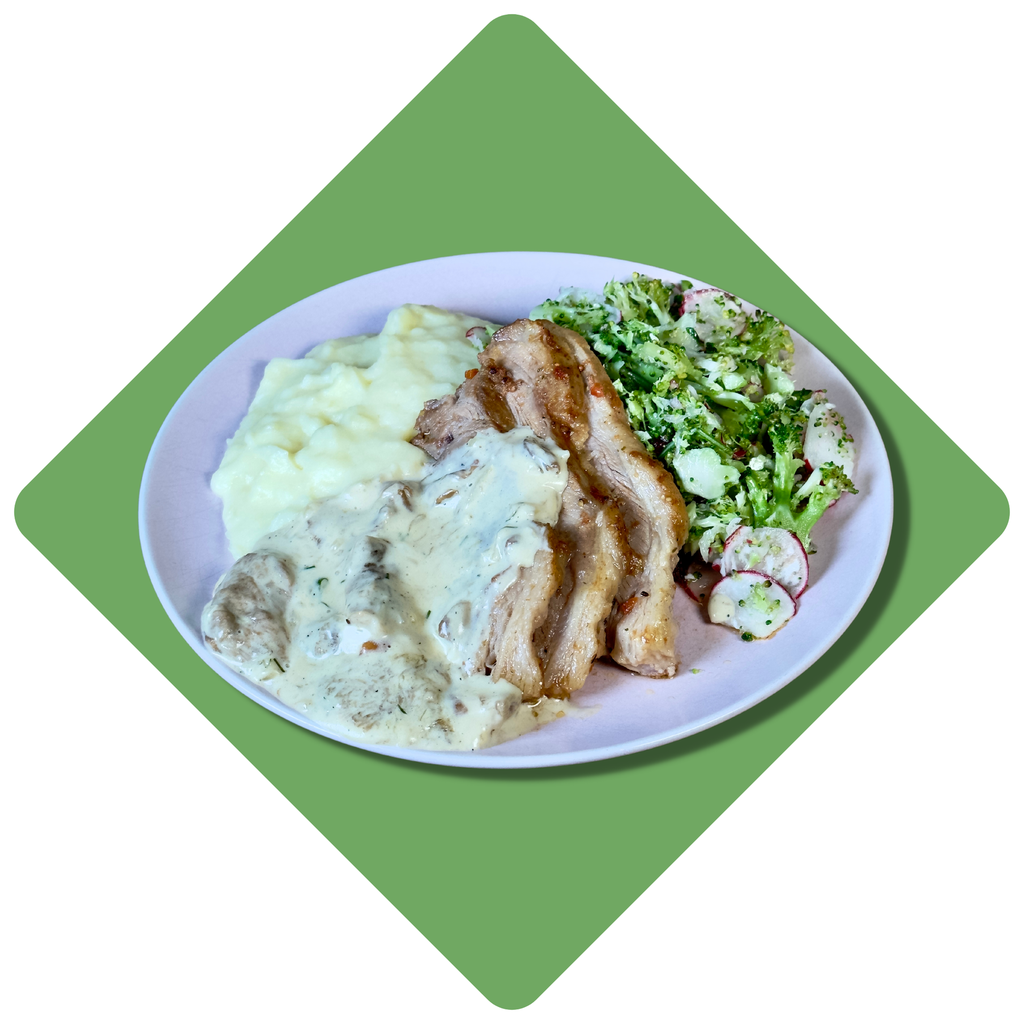 Žemoje temp. keptos kiaulienos kumpio riekelės su baravykų padažu