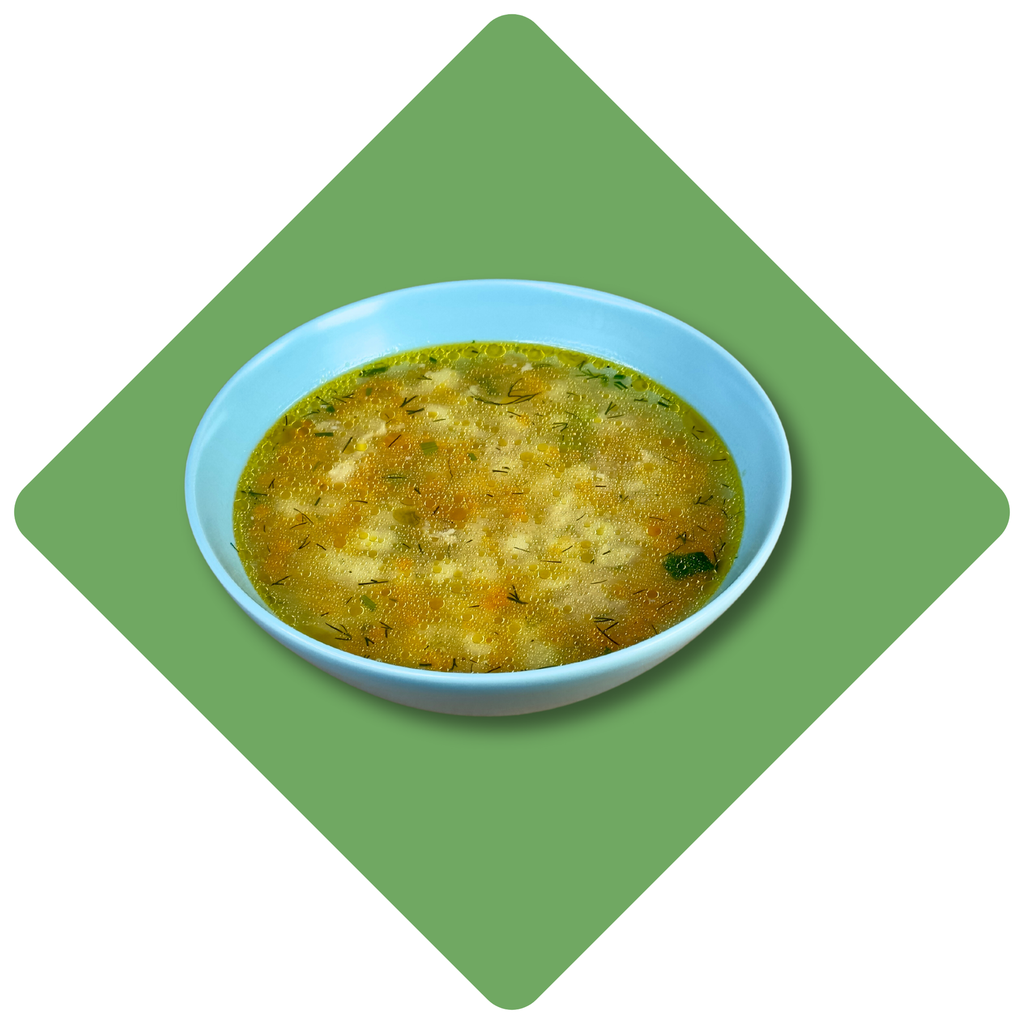 Vištienos sriuba su makaronais ir žaliais žirneliais (N)