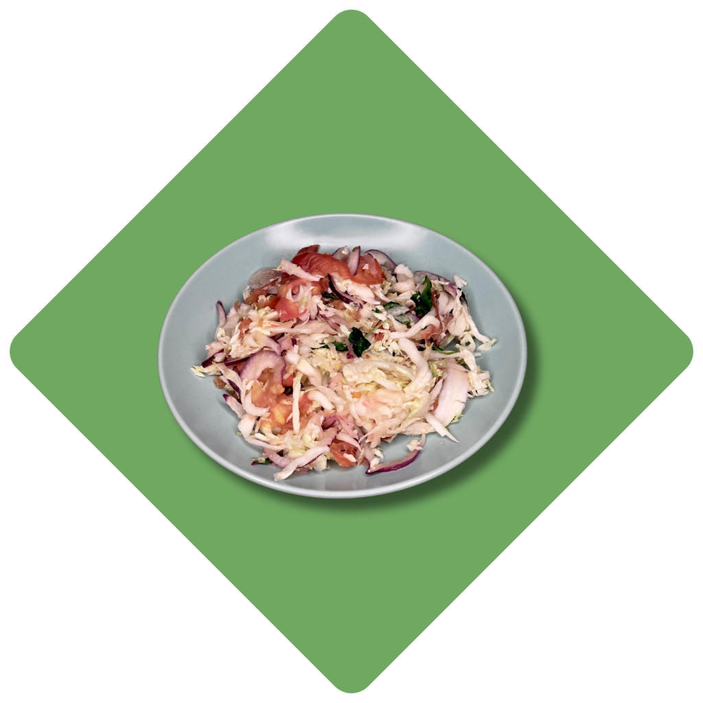 Pekino kopūstų salotos su pomidorais ir mėlynaisiais svogūnais (200 g)