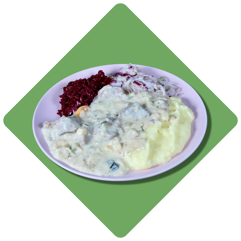 Kiaulienos liežuvio troškinys su daržovėmis, krienų padažu