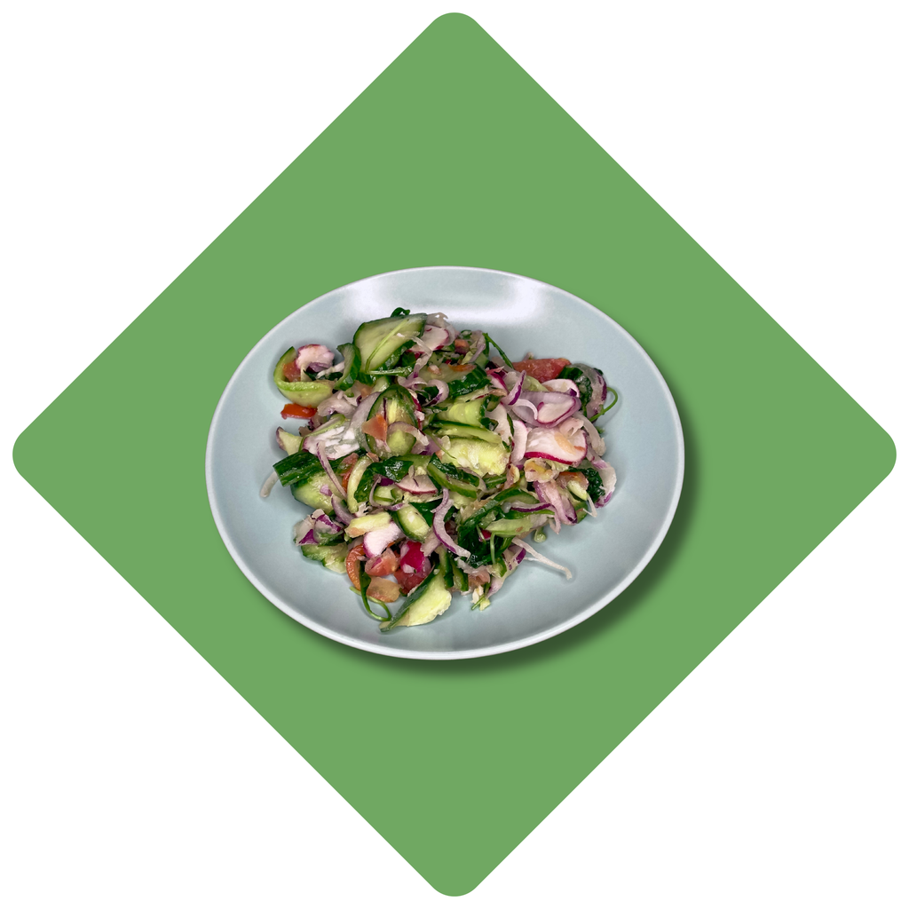 Pekino kopūstų salotos su agurkais, pomidorais ir česnakais (200 g)